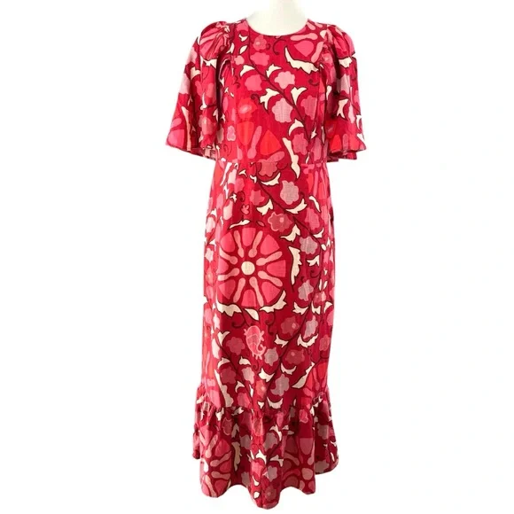 Rhode Zinnia Floral Red Bell Sleeve Midi Ruffle Dress NWT - Picture 2 of 16